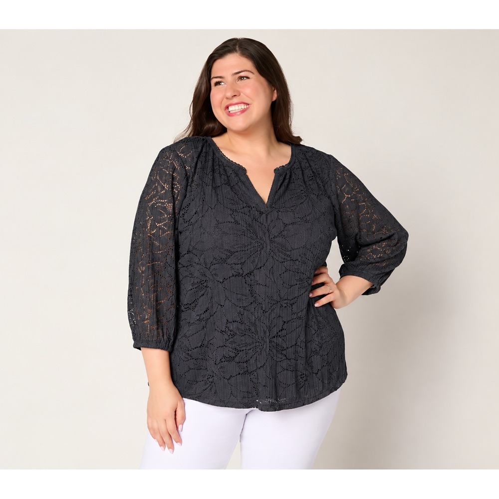 Isaac Mizrahi Live! Floral Lace Top and Tank Set Pitch Black, Size 2X